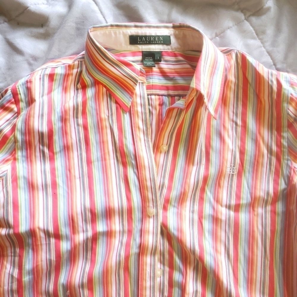 Lauren long sleeve button down.  Coral stripes
